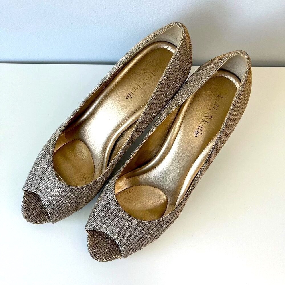 Kelly & Katie Peep Toe Gold/Silver Sparkle Fabric Open Toe Heels 9.5 Party Shoes